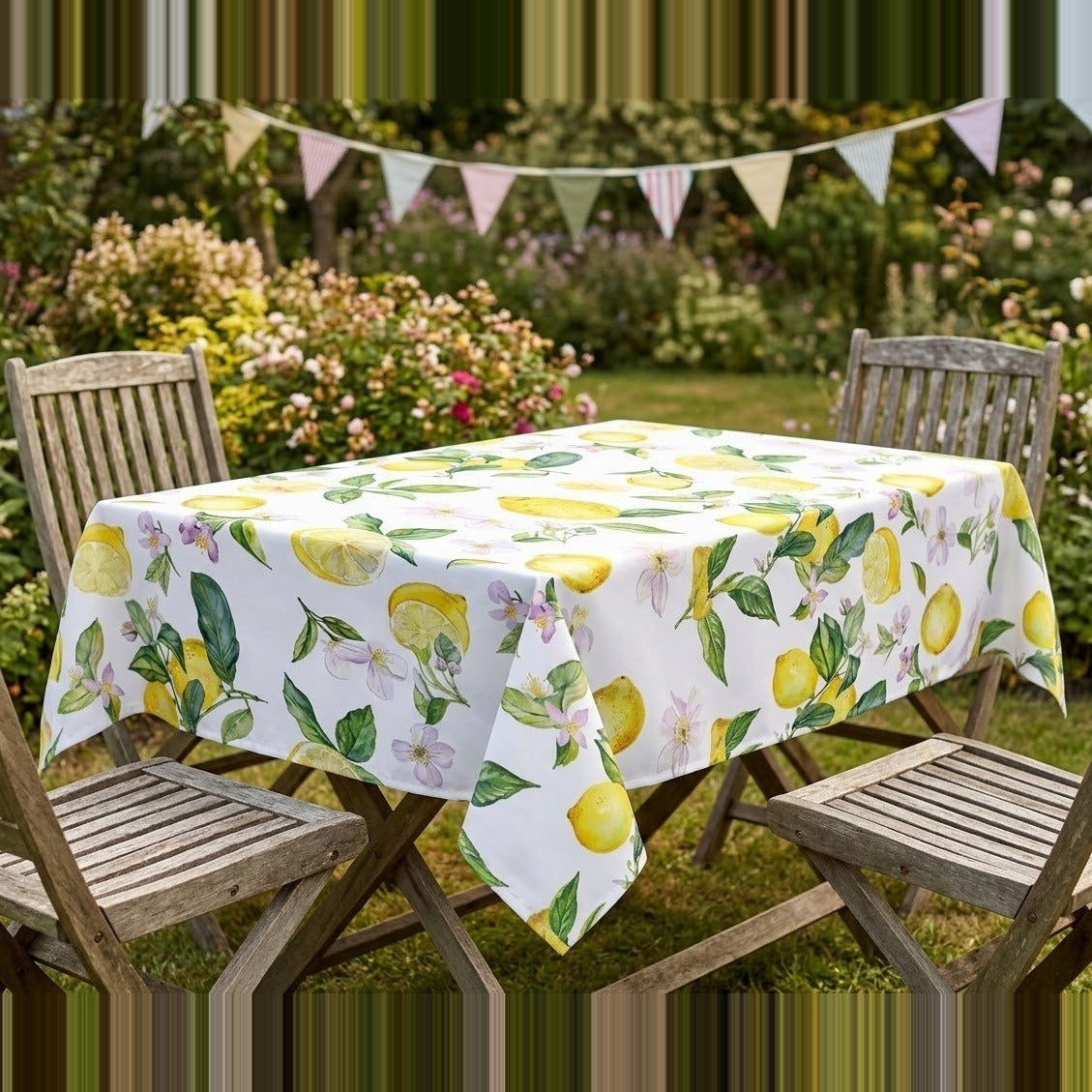 A rectangular outdoor dining table covered with a white tablecloth printed with yellow lemons and green leaves, surrounded by wooden chairs in a garden setting with bunting in the background.