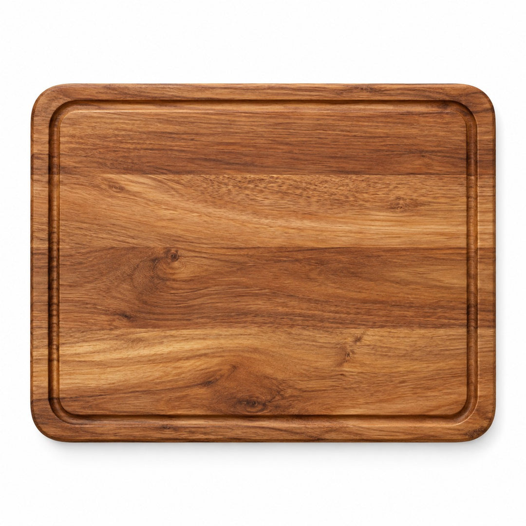 One Wooden Kitchen Cutting Board with warm natural grain and a shallow groove on white.
