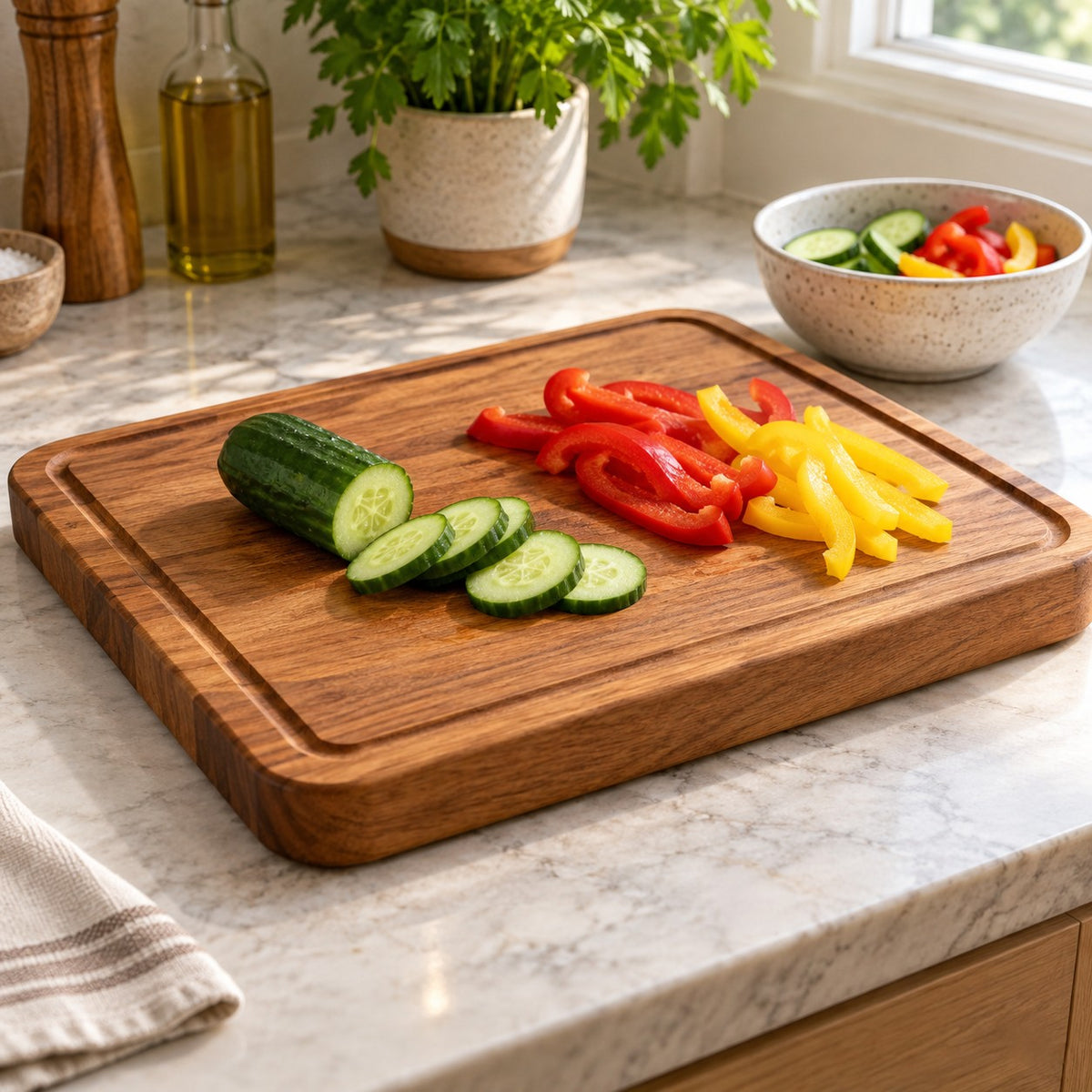 Wooden Kitchen Cutting Board gives sliced vegetables a dedicated prep surface on a kitchen counter.