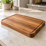 Wooden Kitchen Cutting Board shown close and sharp with its routed perimeter groove and rounded edges.