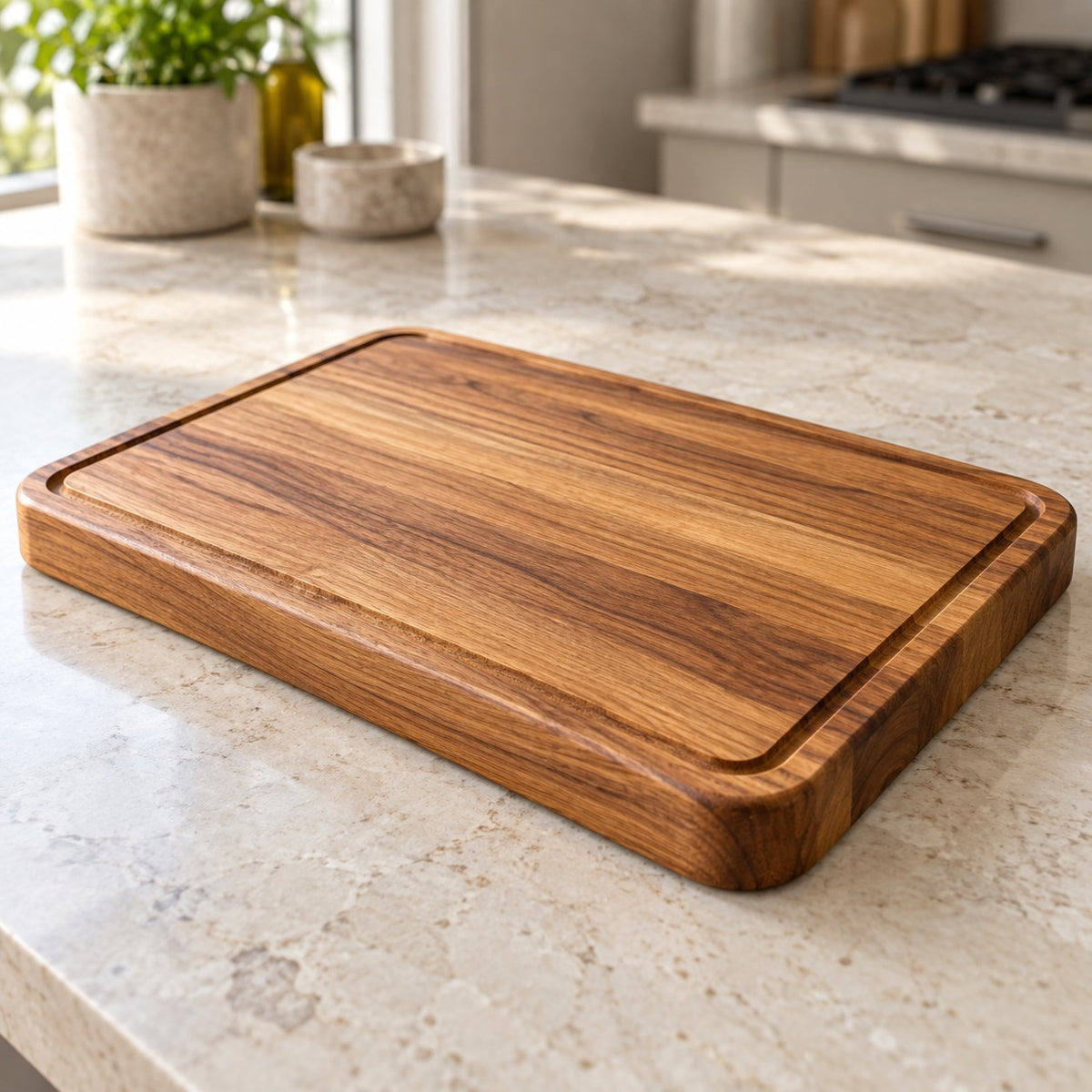 Wooden Kitchen Cutting Board shown close and sharp with its routed perimeter groove and rounded edges.