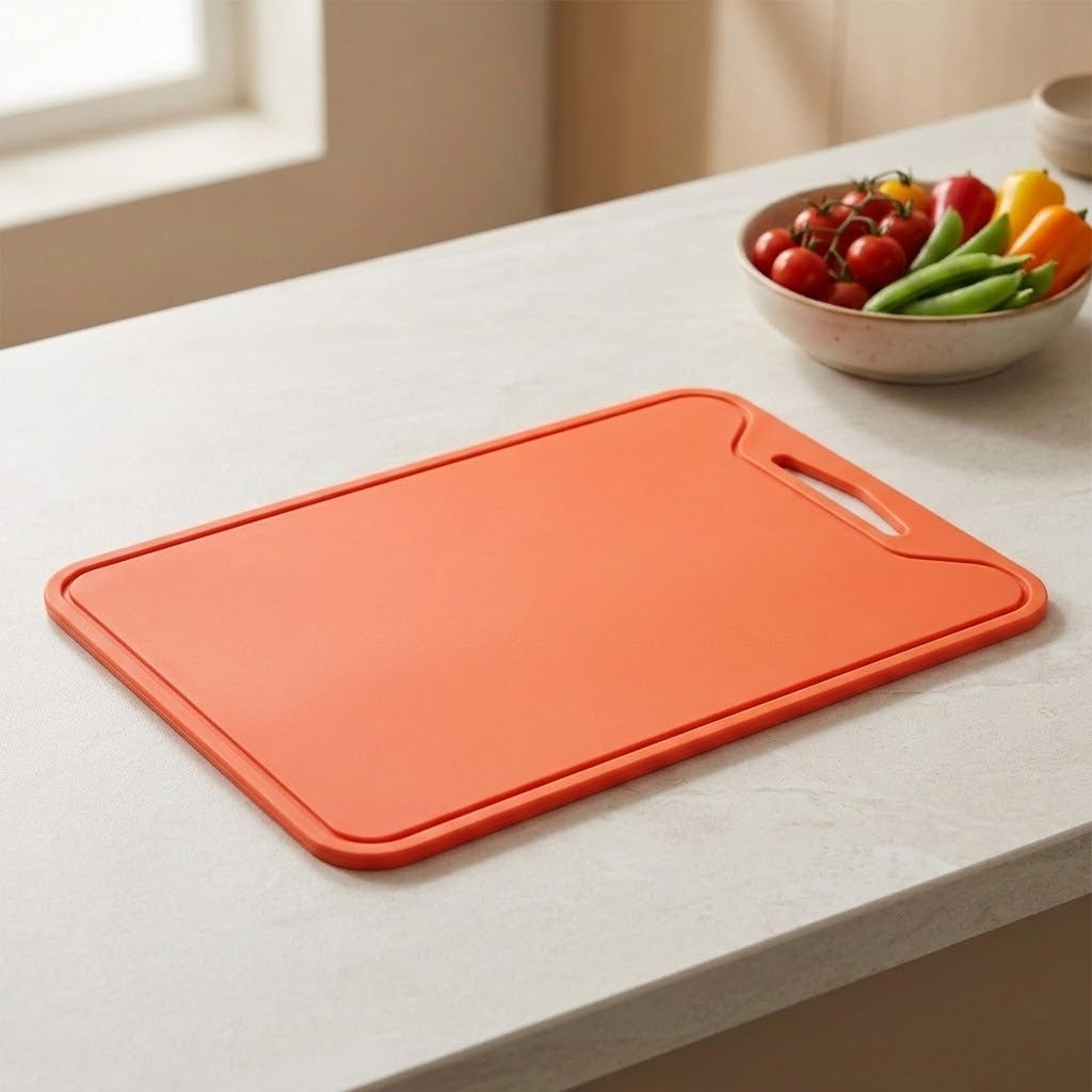 An orange plastic cutting board with a built-in handle, resting on a light gray kitchen countertop next to a bowl of fresh vegetables.