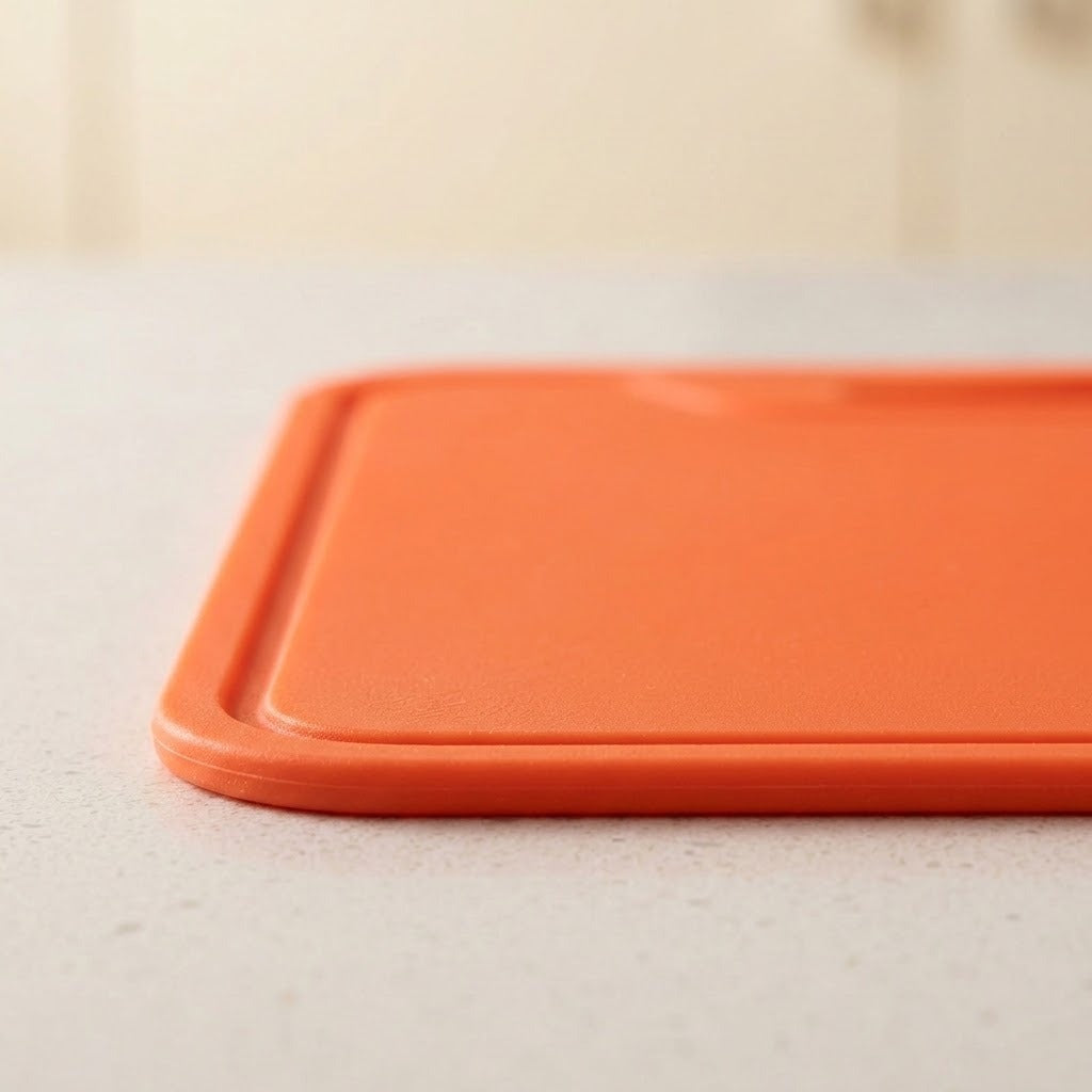 An orange silicone cutting board lid or cover resting on a light speckled countertop.