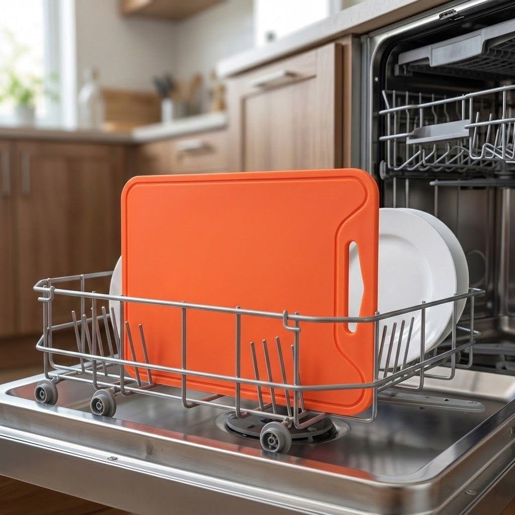 An orange cutting board with a white handle is shown inside a metal dishwasher rack, with white plates behind it and a blurred kitchen background.