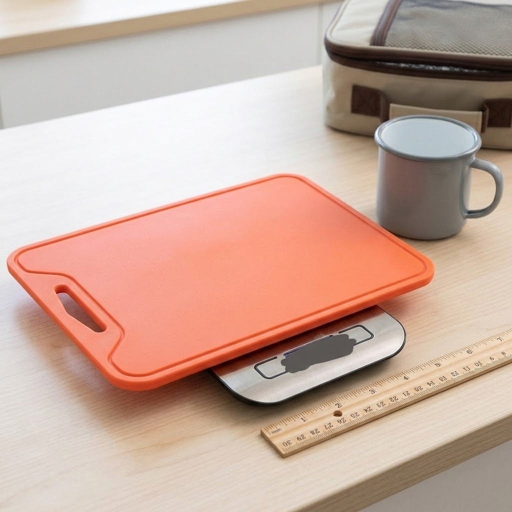 An orange rectangular cutting board with a handle, shown on a digital kitchen scale on a light wood table, with a gray mug and a wooden ruler nearby.