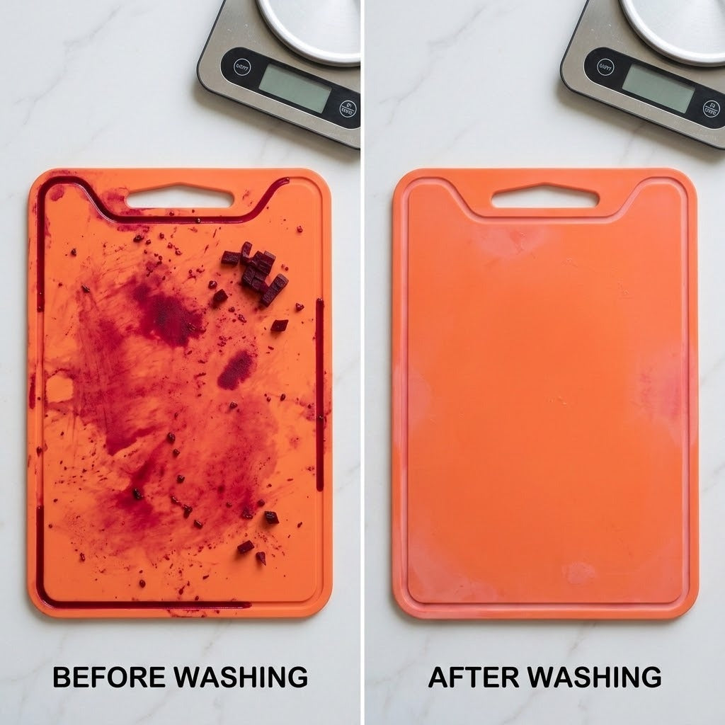 A side-by-side comparison of an orange cutting board before and after washing. The left panel shows the cutting board covered in dark red juice splatter and crumbs, while the right panel shows it clean and bright orange.