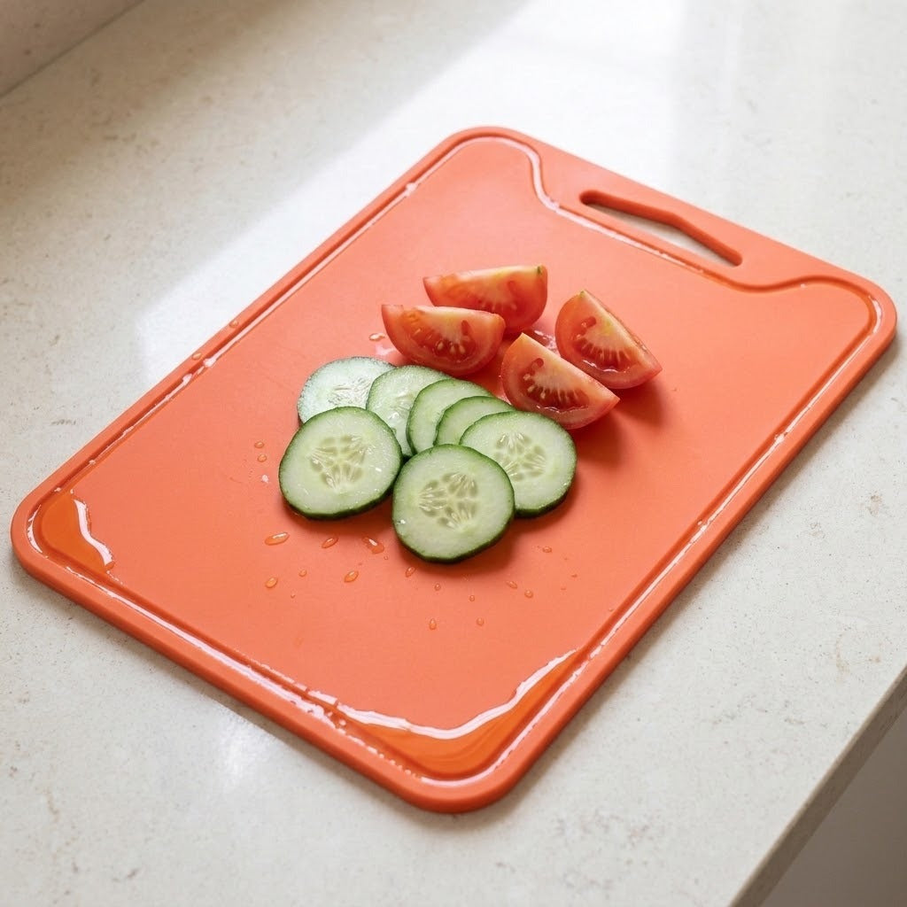 An orange plastic cutting board with a handle, shown on a light beige countertop with sliced cucumbers and tomato wedges on top.