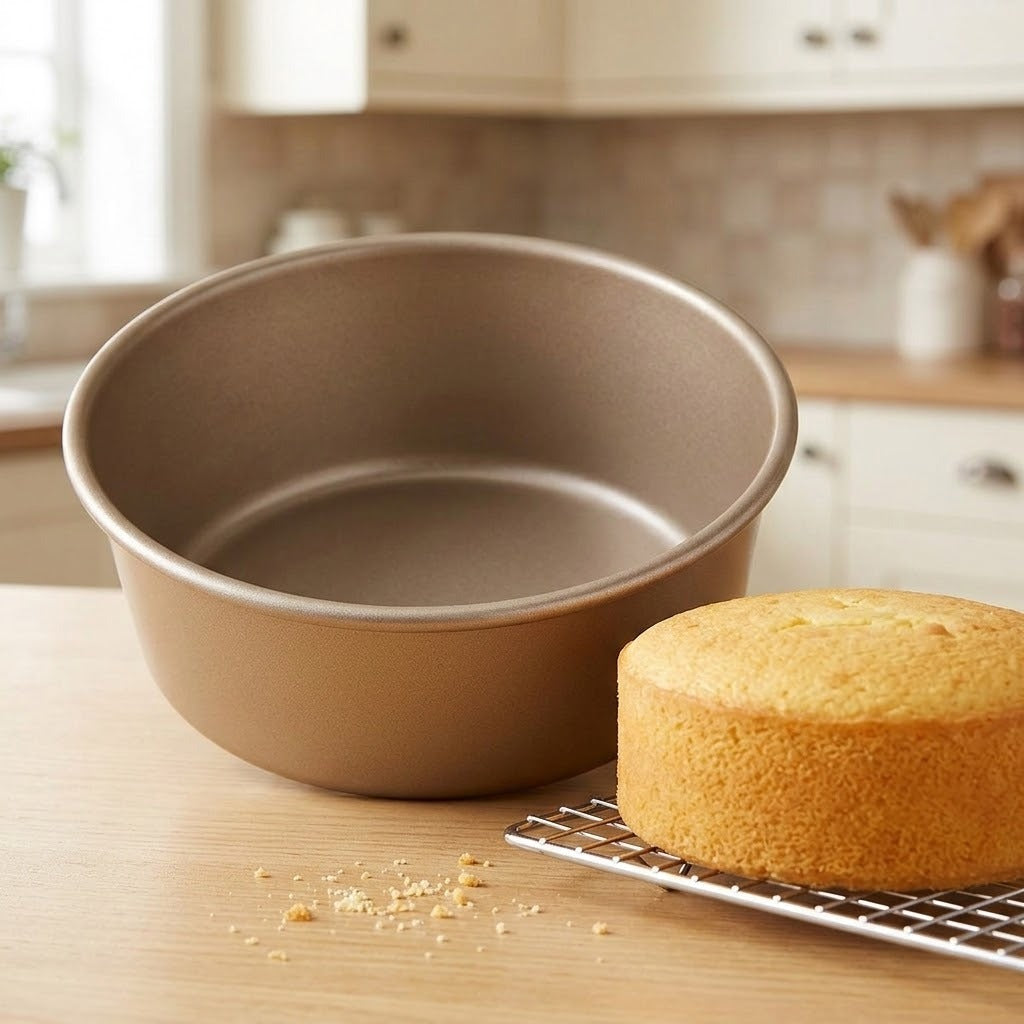 A round non-stick cake pan in a warm taupe-brown color, shown empty on a wooden countertop next to a baked round cake cooling on a wire rack in a softly blurred kitchen setting.