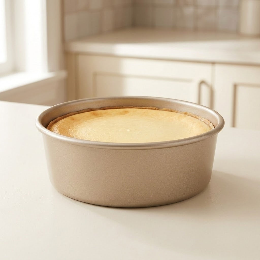 A round metal cake pan containing a baked cheesecake, set on a light countertop in a softly blurred kitchen setting.