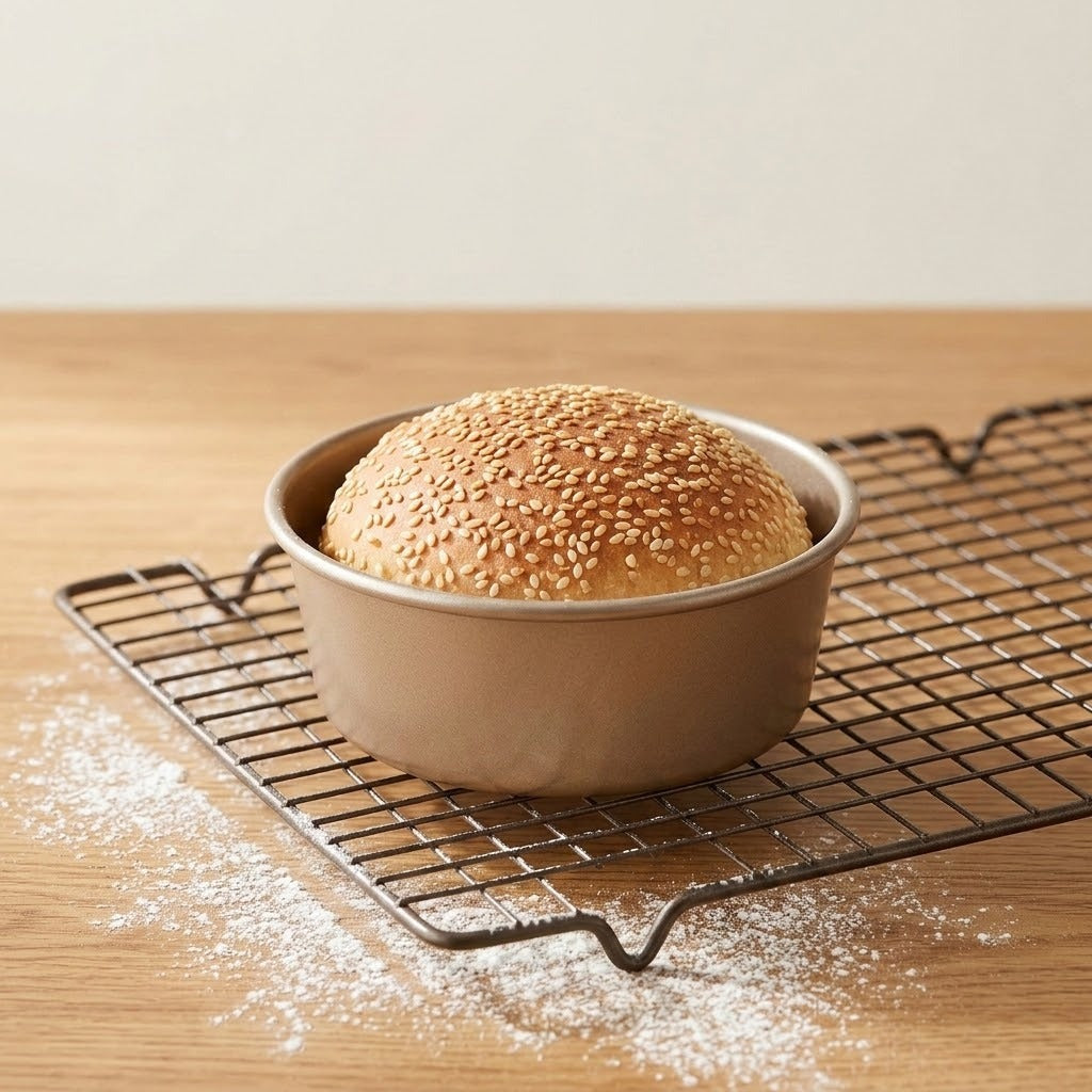 A round sesame seed bun sits in a beige round baking pan on a metal cooling rack over a wooden surface with scattered powdered sugar.