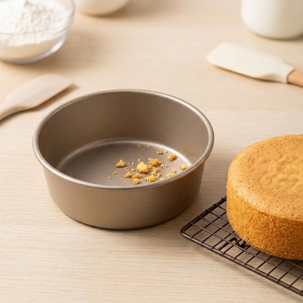 A round non-stick cake pan in a matte taupe-brown finish, shown with crumbs inside and a baked cake on a cooling rack beside it on a light wood surface.