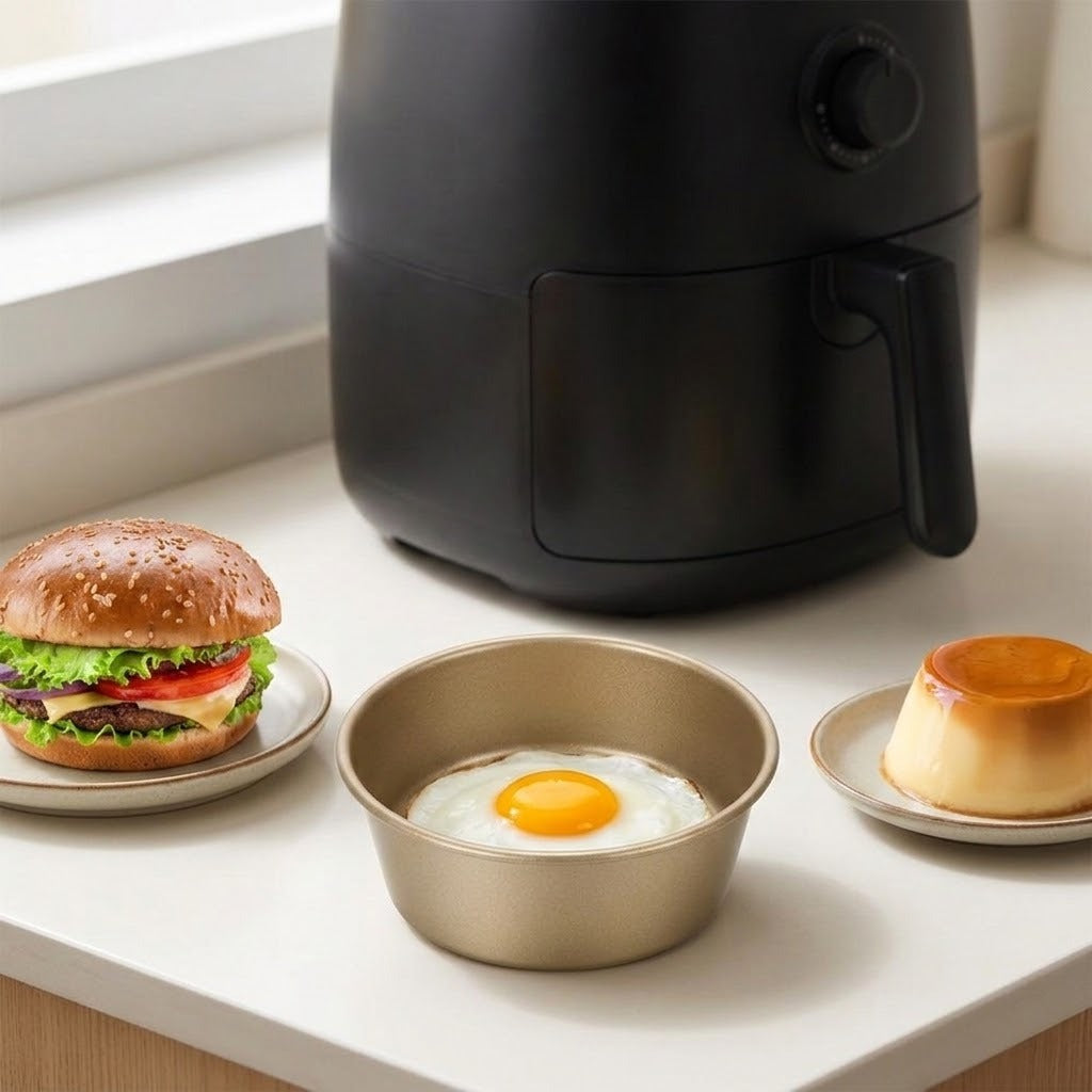A matte black air fryer sits on a white countertop in a bright kitchen setting, surrounded by food items including a hamburger, a fried egg in a small round pan, and a flan dessert.
