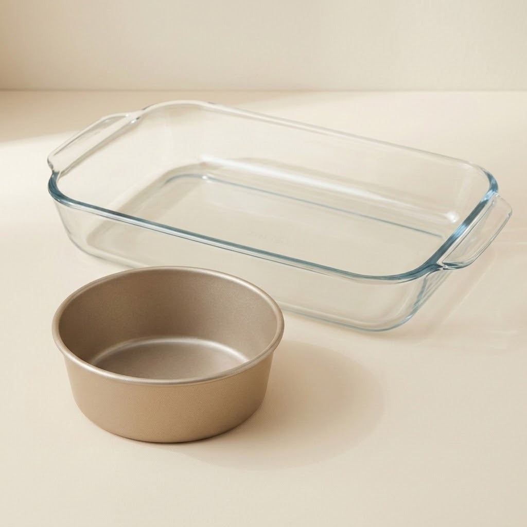 A clear rectangular glass baking dish with handles and a small round metallic cake pan, photographed on a warm off-white surface with a matching background.