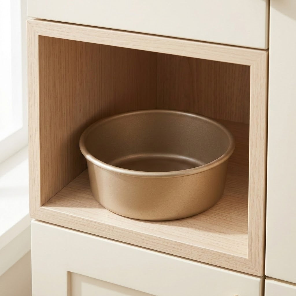 A round metal cake pan in a warm metallic gold finish, displayed inside a light wood open shelf compartment of a cream-colored kitchen cabinet.