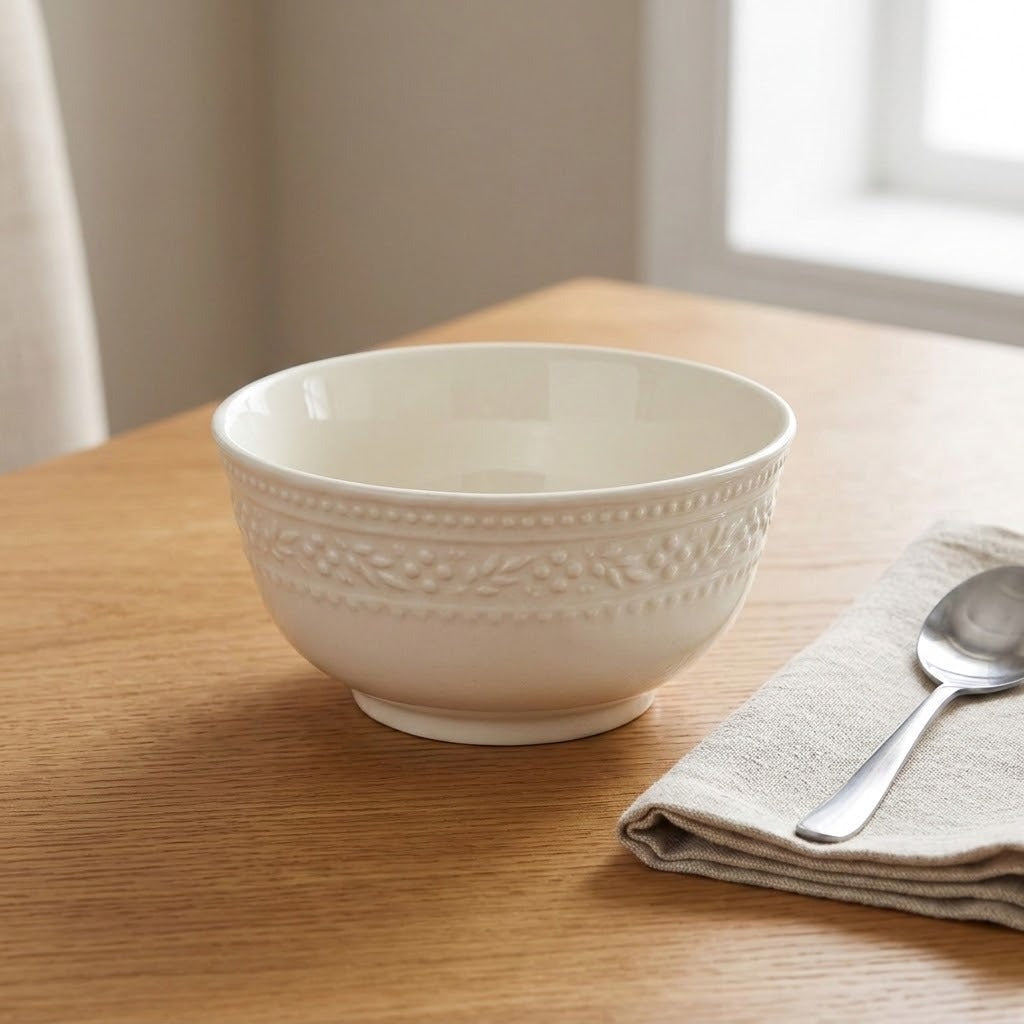 An off-white ceramic bowl with a textured beaded pattern around the upper exterior, shown on a wooden table next to a folded beige cloth napkin and a silver spoon.