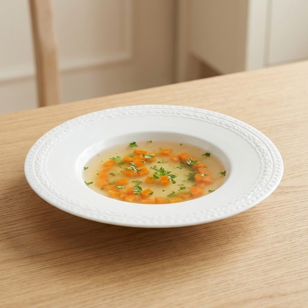Single white ceramic soup plate with an embossed rim holds clear broth with carrots and herbs on a wooden dining table.