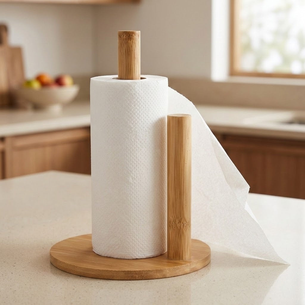 A bamboo paper towel holder with a roll of white paper towels and a sheet draped over the side, set on a kitchen counter with a blurred kitchen background.