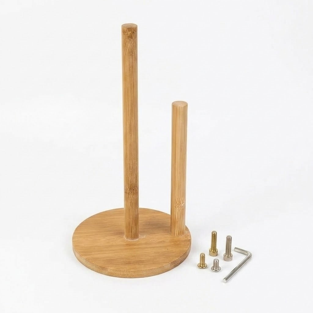 A bamboo tabletop stand with two vertical legs and a round base, shown on a white background with included mounting hardware.