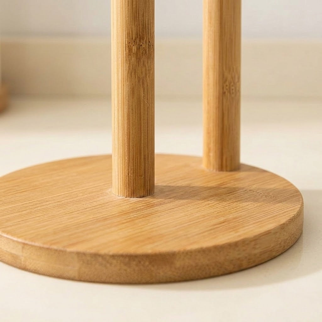 Close-up of a light natural bamboo stand with a round base and two vertical legs on a light beige surface.
