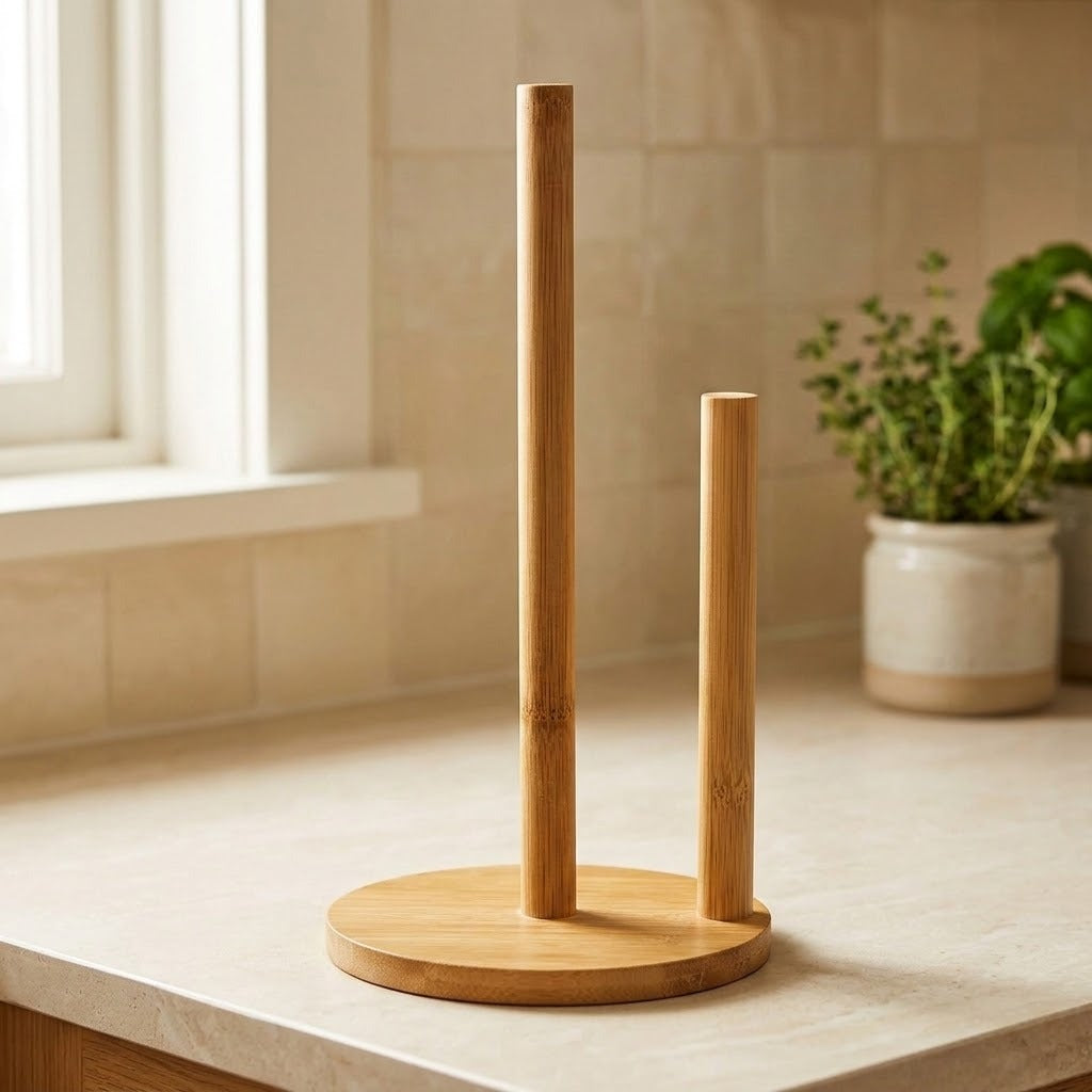 A bamboo kitchen paper towel holder with two vertical poles and a round base, shown on a light beige countertop in a kitchen setting.