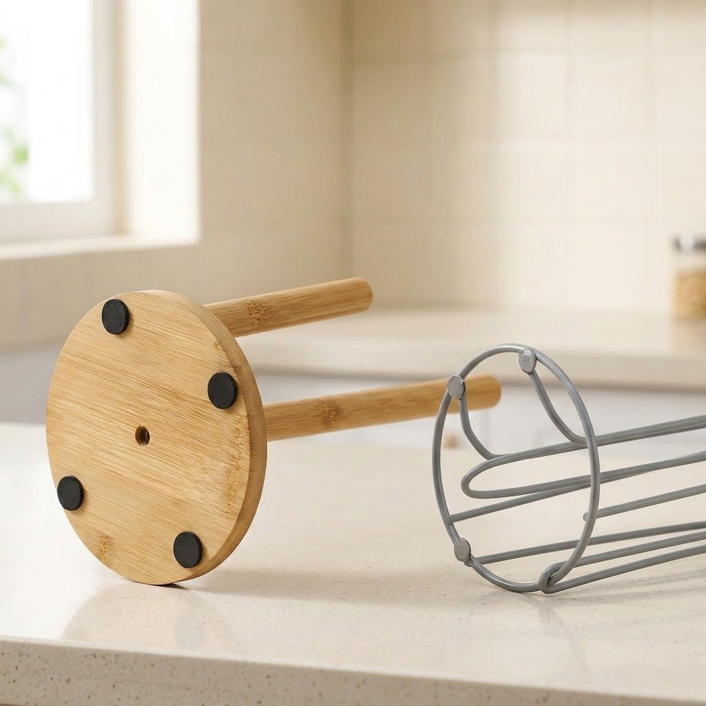 A bamboo kitchen counter stand with four black rubber feet and two wooden legs, shown alongside a gray wire rack on a light beige countertop in a kitchen setting.