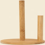 A natural bamboo tabletop organizer with a round base, featuring one tall cylindrical stand and one shorter cylindrical stand, shown against a solid light beige background.