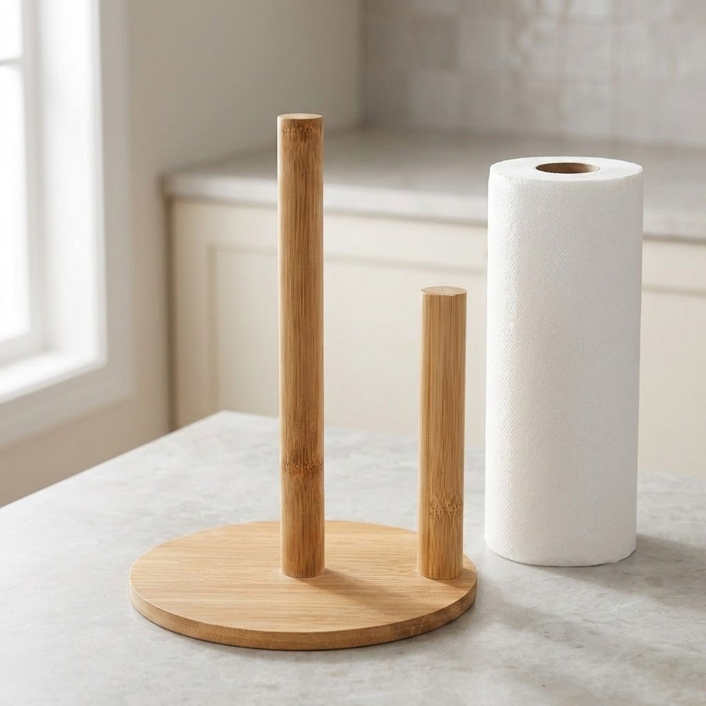 A bamboo paper towel holder with a round base and two upright poles, shown on a light countertop beside a white paper towel roll in a softly lit kitchen setting.