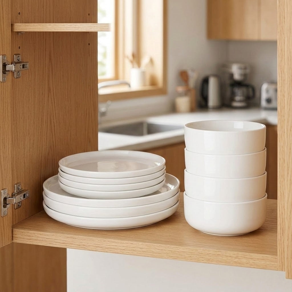A set of white ceramic dinnerware, including plates and bowls, neatly stacked on a wooden shelf inside an open kitchen cabinet. The background shows a softly blurred modern kitchen interior.