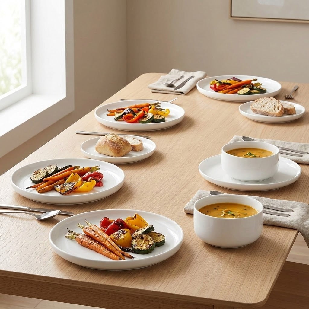 A set of white ceramic dinnerware, including plates, bowls, and a small cup, arranged on a light wood dining table with food such as roasted vegetables, soup, bread, and rolls in a bright indoor setting.
