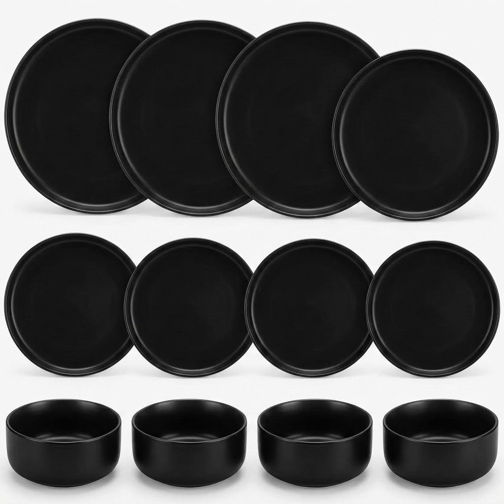 A set of matte black round dishes, including four larger plates, four smaller plates, and four shallow bowls, arranged in two rows on a plain white background.