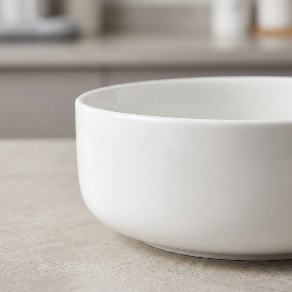 A white ceramic bowl with a wide, shallow depth of field, resting on a light beige stone countertop with a blurred kitchen background.