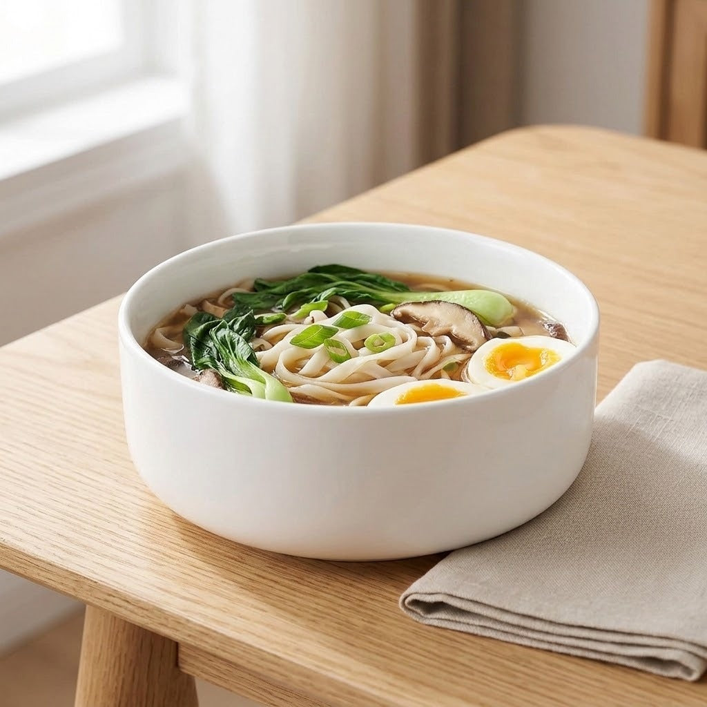 A white ceramic bowl filled with noodle soup, greens, mushrooms, and a halved soft-boiled egg, set on a light wood table next to a folded beige napkin.