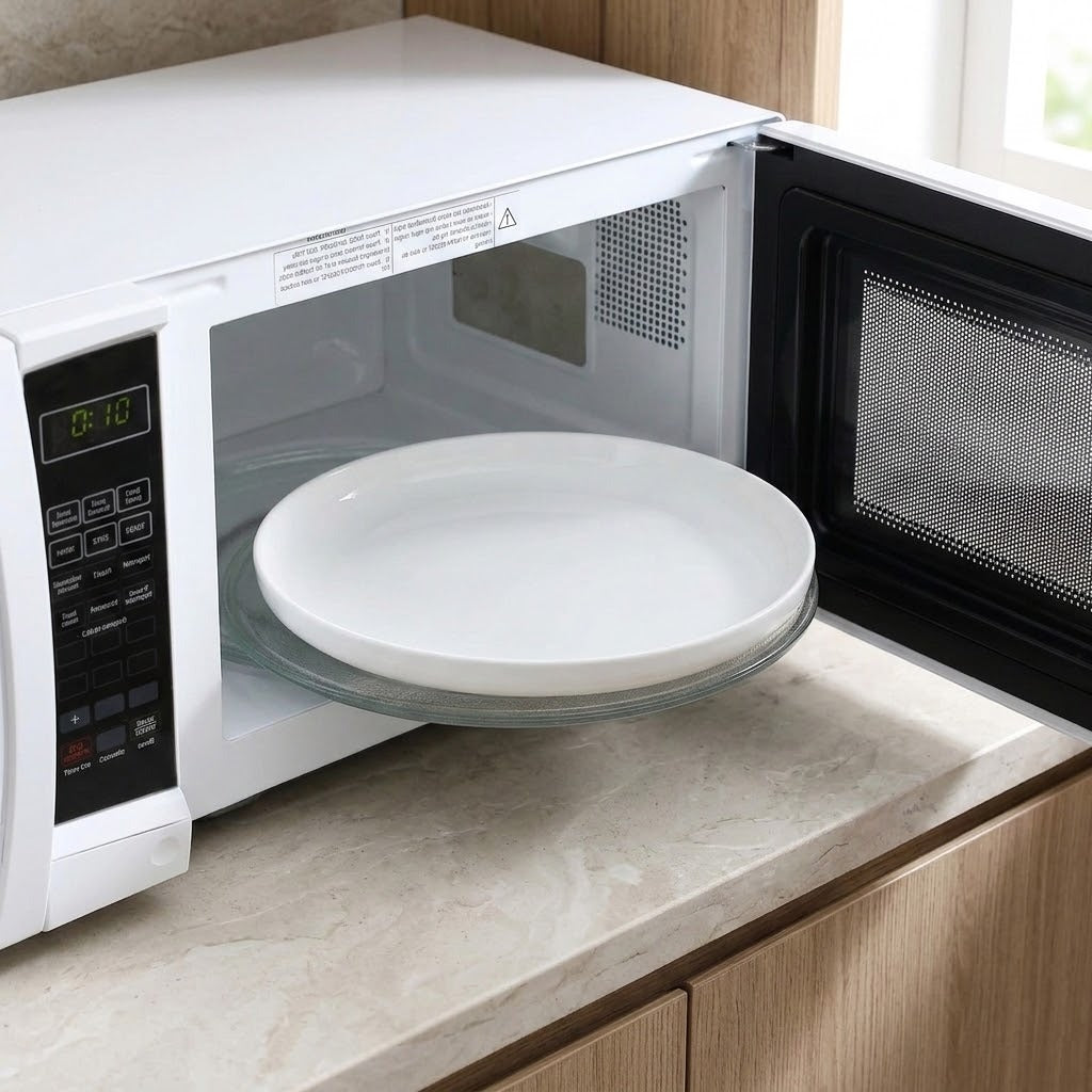 A white microwave oven with its door open, showing a clear glass turntable with a white plate on it, set on a beige countertop in a kitchen.