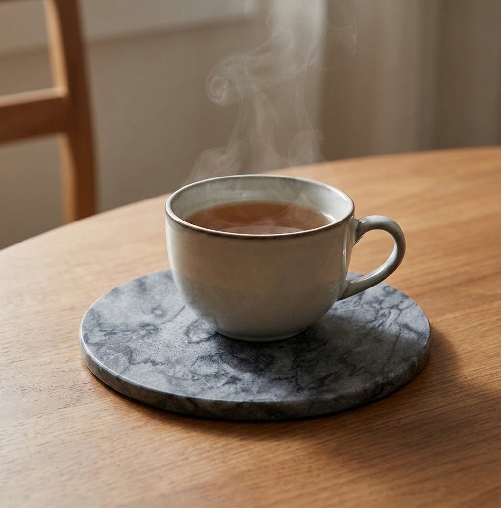 A ceramic mug filled with a hot beverage sits on a round dark gray marble coaster on a wooden table, with steam rising from the cup.