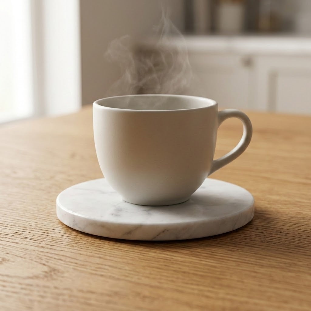 A matte off-white ceramic coffee cup with steam rising from it, sitting on a round white marble coaster on a wooden table.