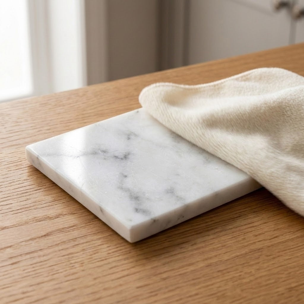 A square white marble tile coaster with gray veining, resting on a light brown wooden table with a cream-colored textured cloth draped over it.
