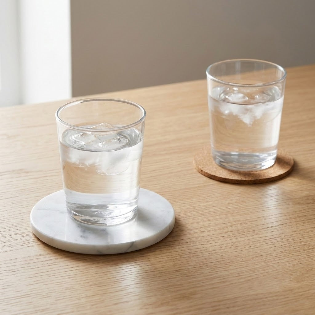 Two clear drinking glasses filled with water and ice, resting on round coasters on a light wood table. One coaster is white marble and the other is natural wood.