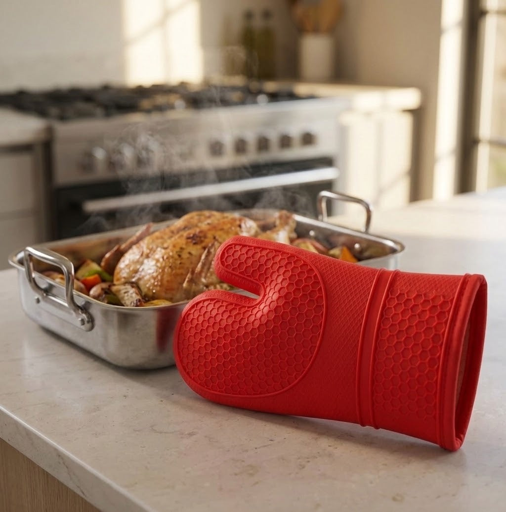A red silicone oven mitt with a textured grip lies on a kitchen counter in front of a stainless steel roasting pan containing a cooked whole chicken.
