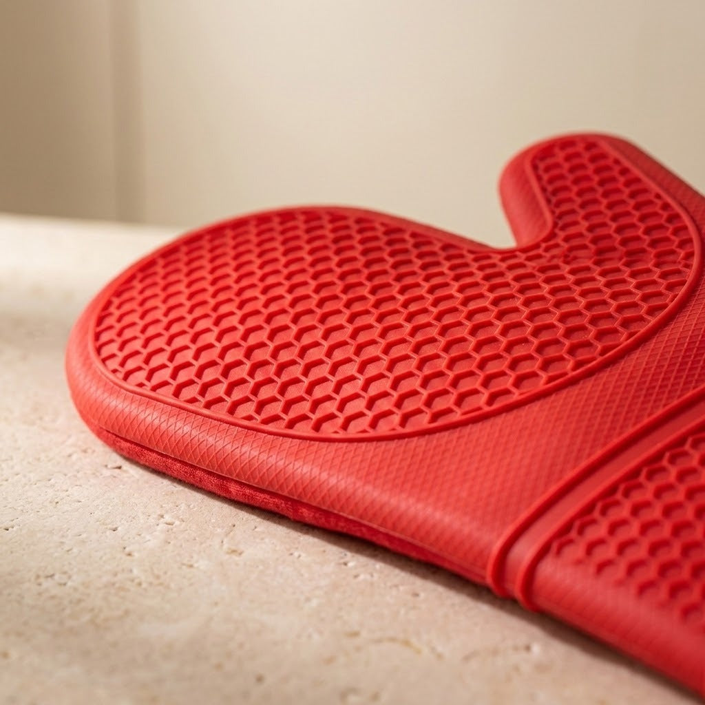 A close-up of a bright red silicone oven mitt with a raised honeycomb texture, resting on a light beige stone surface.