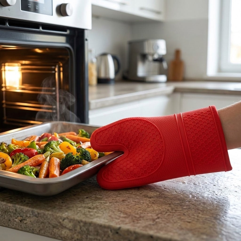 A red silicone oven mitt worn on a person's hand is shown removing a metal baking tray of roasted vegetables from a lit oven in a modern kitchen setting.