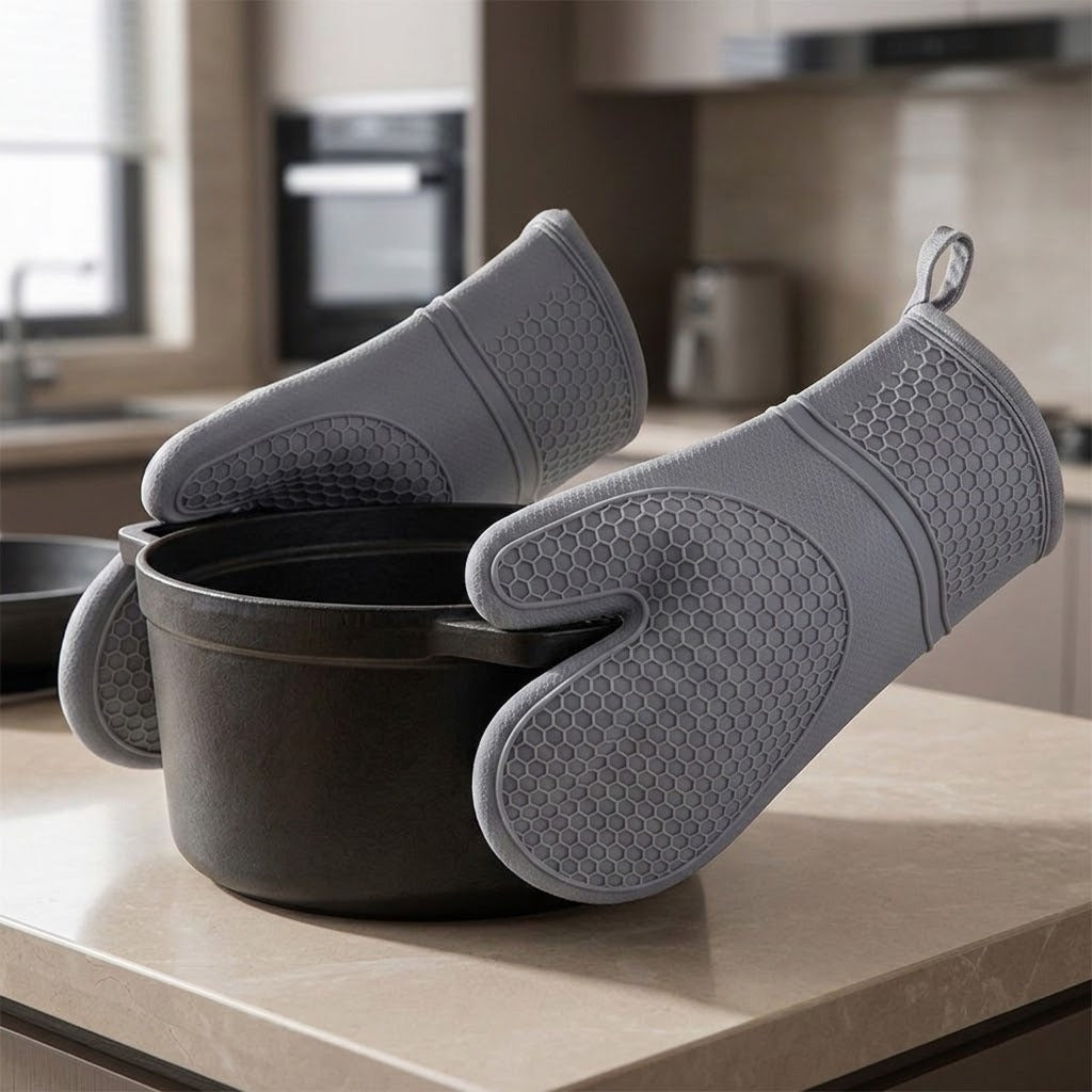 A pair of gray silicone oven mitts with a honeycomb textured grip, shown resting on a black pot on a kitchen countertop with a blurred kitchen background.