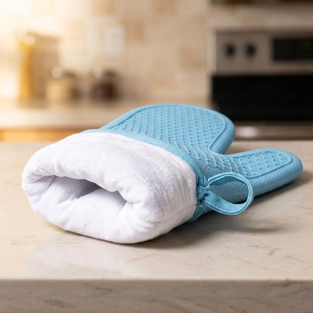 A light blue and white oven mitt resting on a beige marble countertop with a blurred kitchen background.