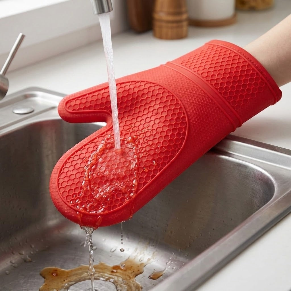 A red silicone oven mitt with a textured honeycomb pattern is being rinsed under running water in a stainless steel kitchen sink.