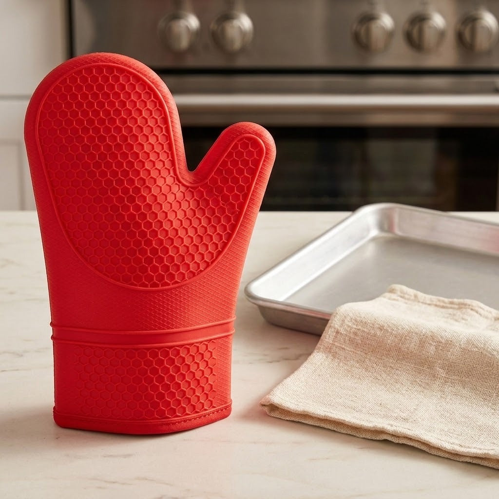 A bright red silicone oven mitt with a honeycomb texture stands on a light marble countertop next to a metal baking pan and a beige cloth, with a blurred stainless steel oven in the background.