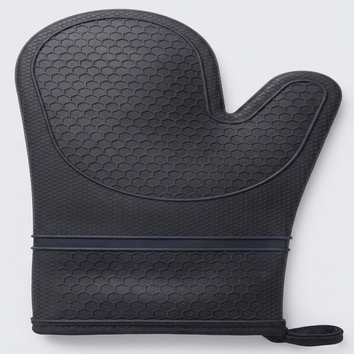 A black oven mitt with a textured honeycomb pattern, featuring a dark elastic band and a small wrist strap, shown on a light gray background.