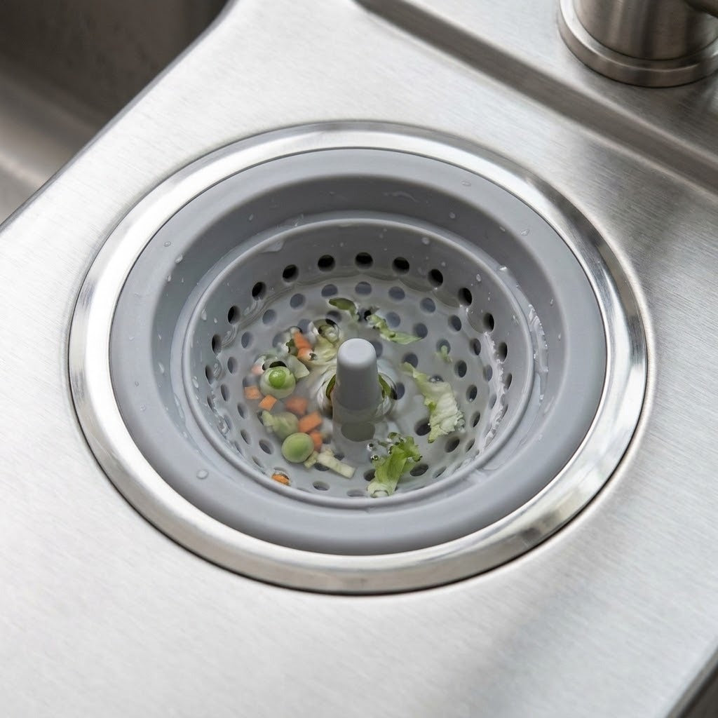 A gray silicone kitchen sink drain strainer basket with a central plug, shown inside a stainless steel sink basin with food debris visible inside.