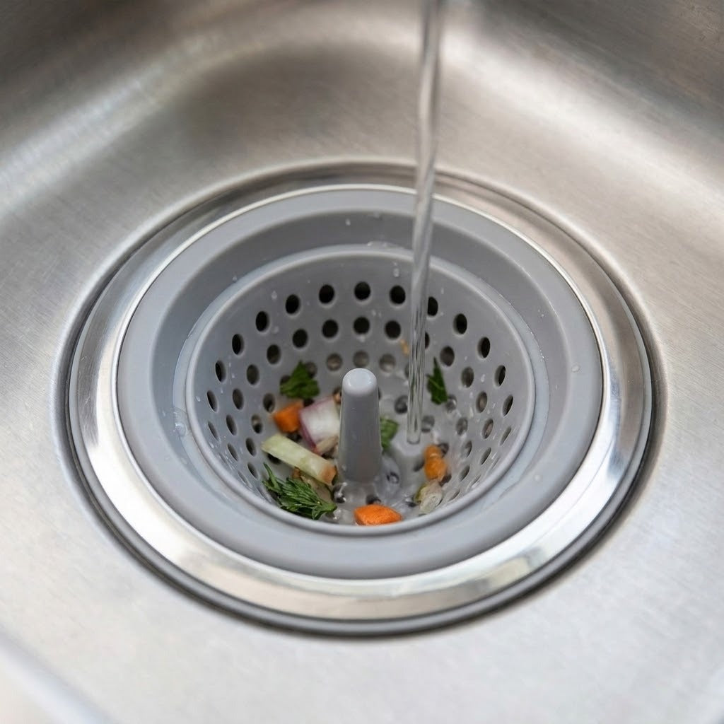 A close-up of a kitchen sink drain with a gray plastic strainer basket containing food debris, with water running into it.