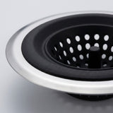 Close-up of a kitchen sink drain assembly with a brushed silver metal rim, black rubber gasket, and perforated black drain basket on a light gray background.