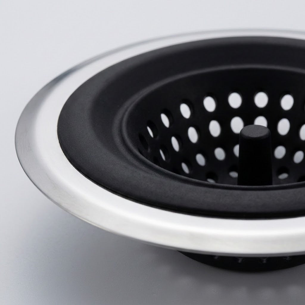 Close-up of a kitchen sink drain assembly with a brushed silver metal rim, black rubber gasket, and perforated black drain basket on a light gray background.