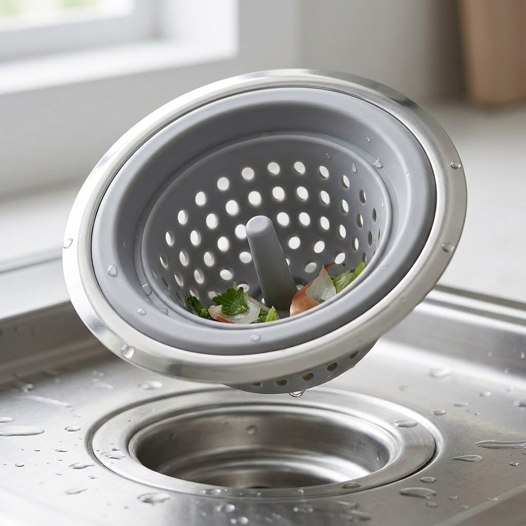 A gray silicone and stainless steel kitchen sink drain strainer basket shown floating above a wet sink, with small food pieces visible inside.
